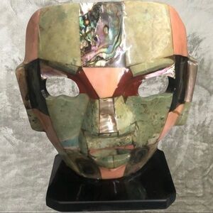 Mayan Warrior Burial Mask Folk Art Mosaic Stone Shell Abalone Mexico Vintage